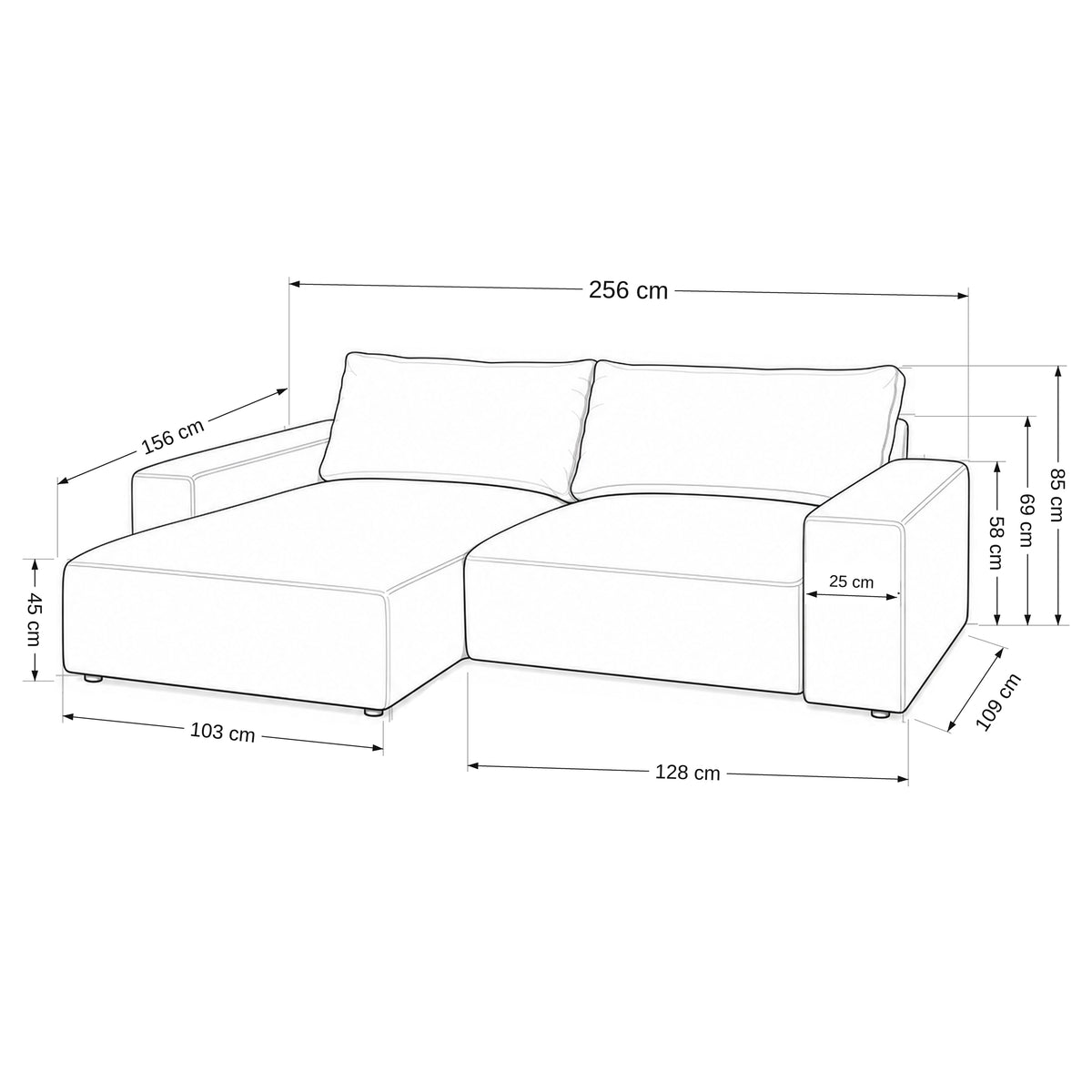 Modulaire hoekbank Iskeli – maatschets met diepte, hoogte, chaise longue en module met armleuning