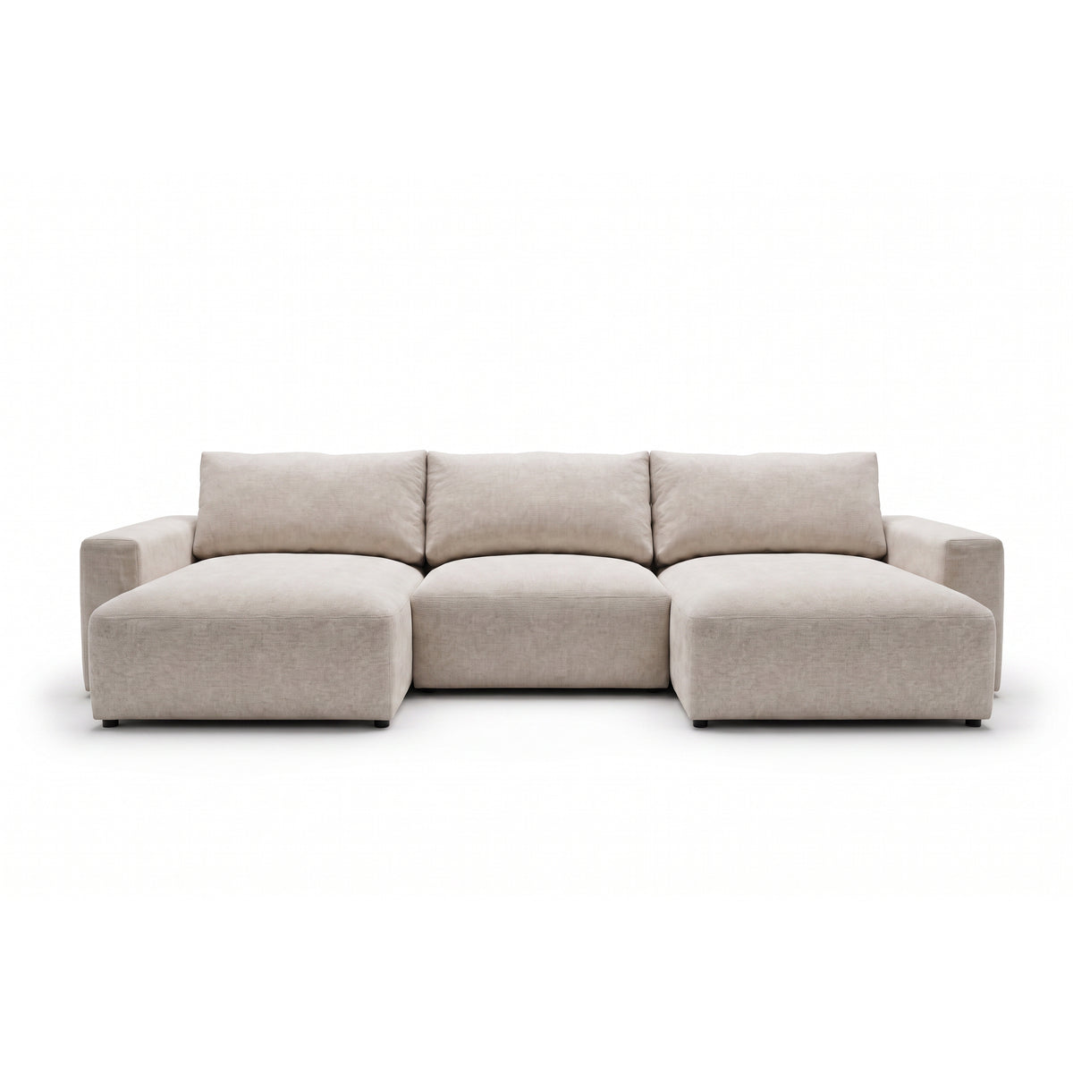 Modulaire hoekbank U Iskeli 361 cm Crème Taupe (ARAGON 03), vooraanzicht – twee chaise longues en een middenmodule