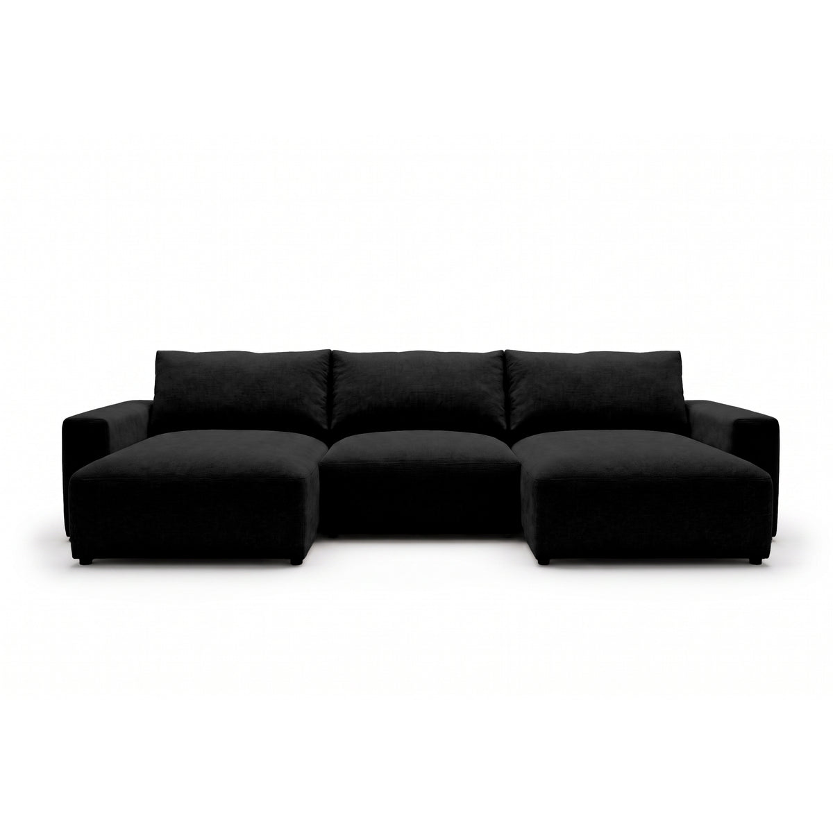 Modulaire hoekbank U Iskeli 361 cm Ravenzwart (ARAGON 99), vooraanzicht – hoekbank met twee chaise longues in Aragon-stof