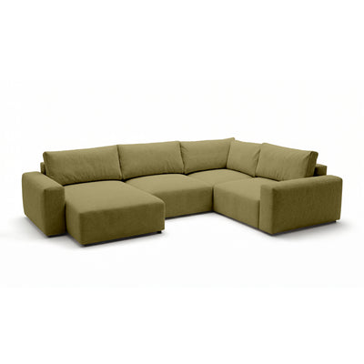 Modulaire hoekbank UL Iskeli Plus 341 cm Goudkleurig Linnen (ARAGON 35), linkszijdig, schuin aanzicht – grote hoekbank in Aragon-stof