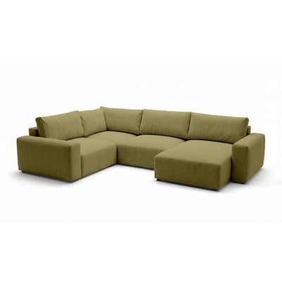 Modulaire hoekbank UL Iskeli Plus 341 cm Goudkleurig Linnen (ARAGON 35), rechtszijdig, schuin aanzicht – grote hoekbank in Aragon-stof