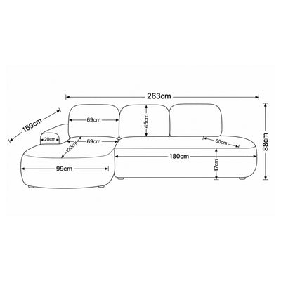 Moluni-hoekbank 263 cm – maatschets met breedte, hoogte, diepte en afmetingen van chaise longue en zitting