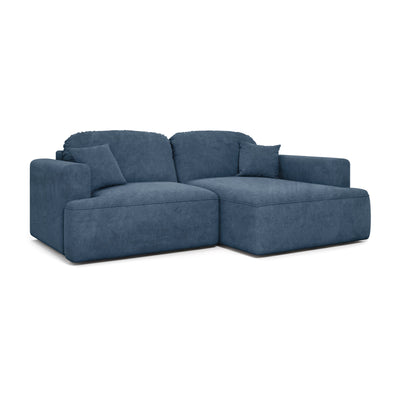 Senvali-hoekbank 240 cm Granietblauw (CLOUD 74), rechtszijdig – moderne uitklapbare hoekbank, schuin aanzicht