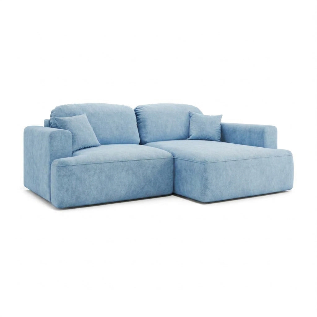 Senvali-hoekbank 240 cm Staalblauw (CLOUD 71), rechtszijdig – slaaphoekbank met chaise longue, schuin aanzicht