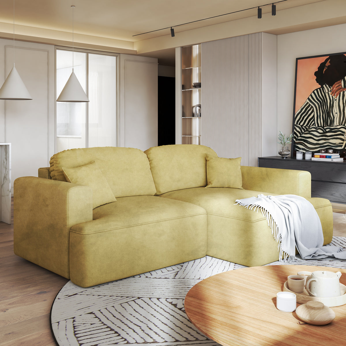 Senvali-hoekbank 240 cm Gouden Sepia (CLOUD 32), rechtszijdig, in een moderne woonkamer met schilderij en rond vloerkleed