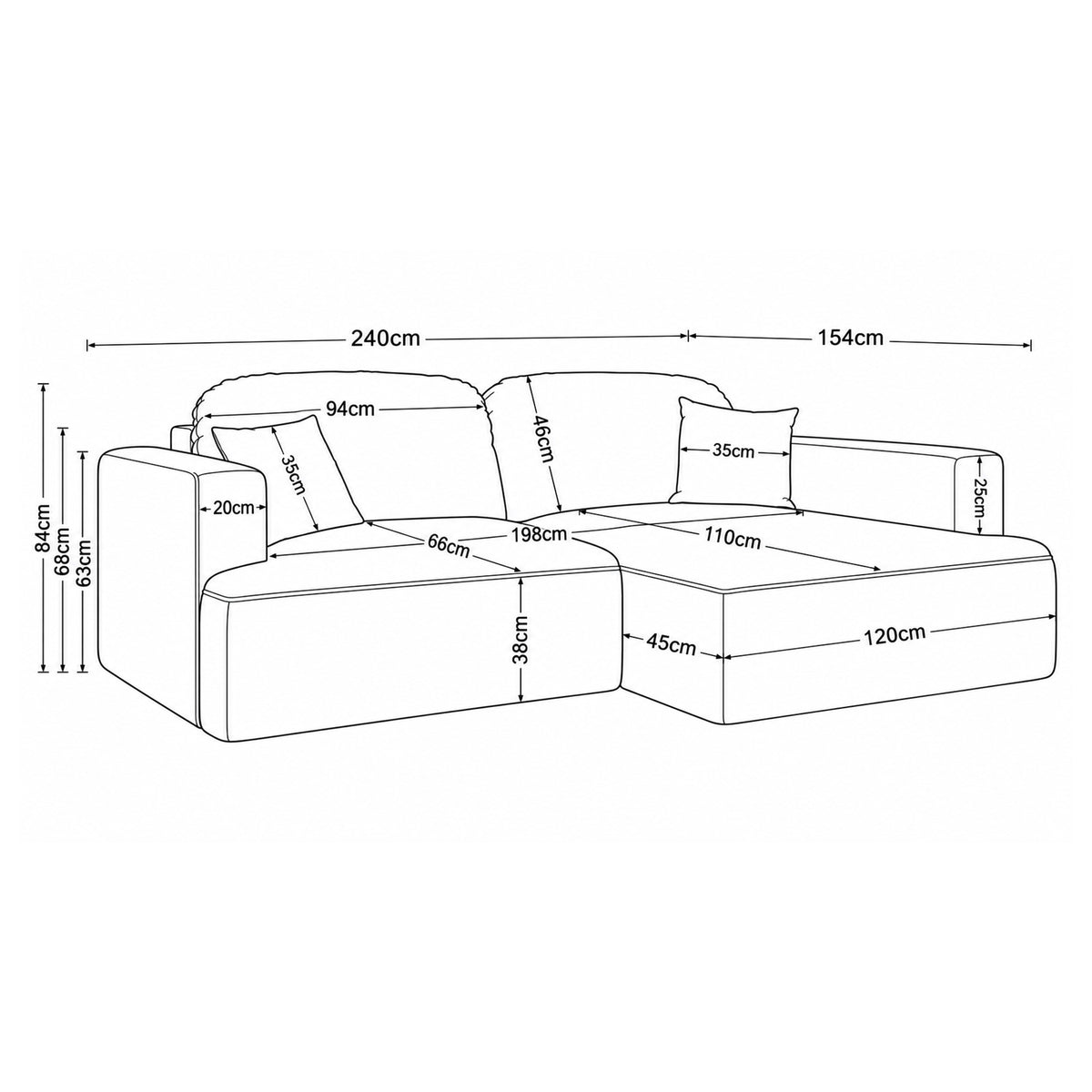 Senvali-hoekbank 240 cm – maatschets met breedte, hoogte, diepte en afmetingen van zitting en chaise longue