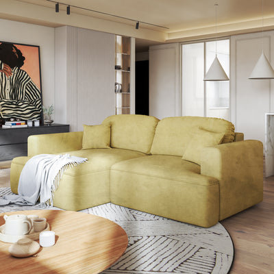 Senvali-hoekbank 240 cm Gouden Sepia (CLOUD 32), linkszijdig, in de woonkamer met ronde tafel en plaid op de chaise longue