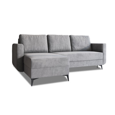 Hoekbank met slaapfunctie Forra 235 cm Staalgrijs (MANILA 16), chaise longue aan de linkerkant, fluweel en zwarte metalen poten