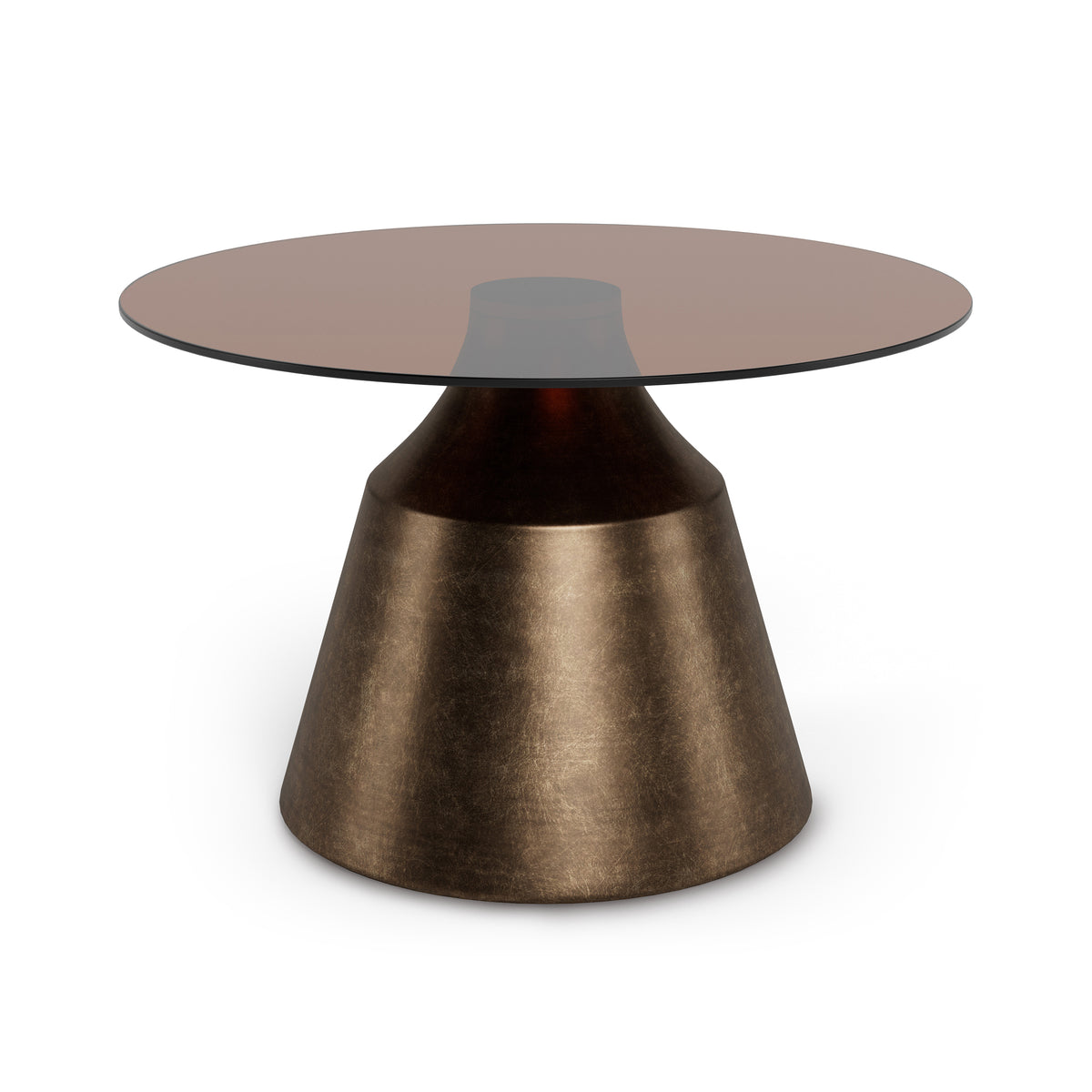 Ronde salontafel Fumor GOLD 70x42 – bruin glazen blad op zuil in bronskleur, schuin aanzicht