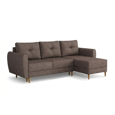 Gestikte Harmi-hoekbank 235 cm Zandkleurige Taupe (SAWANA 12), rechtszijdige versie op houten poten
