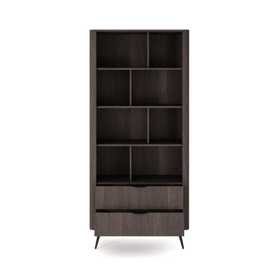 Velia Bookcase 88x194 with Open Shelves and Drawers, Soft Loft Style – with doors open