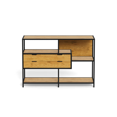 Laag rek Skeleto 114x78 Wild Eiken – vooraanzicht van de asymmetrische planken en de module met lades