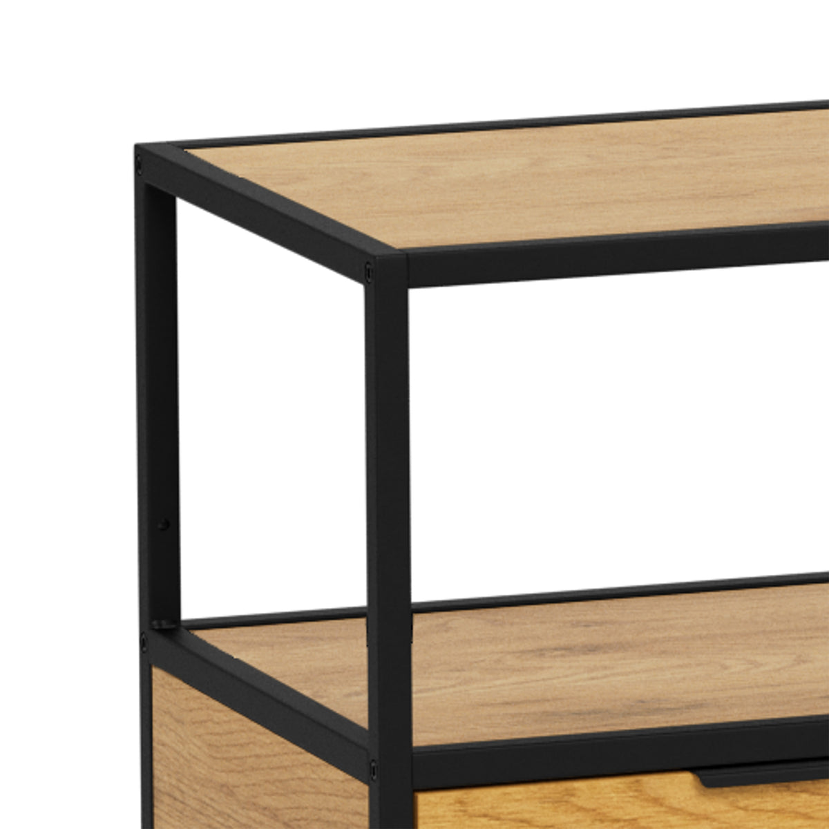Laag rek Skeleto 114x78 Wild Eiken – close-up van de hoek waar het stalen frame en het blad in eikenhoutdecor samenkomen