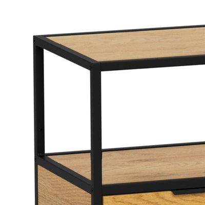 Laag rek Skeleto 114x78 Wild Eiken – close-up van de hoek waar het stalen frame en het blad in eikenhoutdecor samenkomen