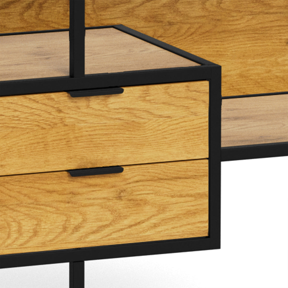 Laag Skeleto-rek 114x78 Wild Eiken – close-up van twee lades met zwarte handgrepen, rek met lades