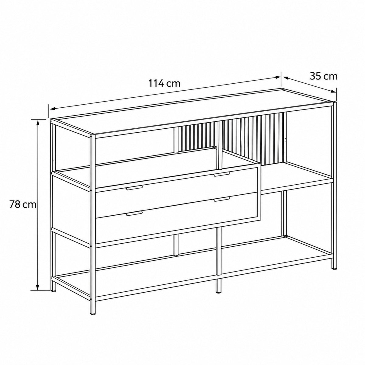 Laag rek Skeleto 114x78 – maatschets met breedte, hoogte en diepte