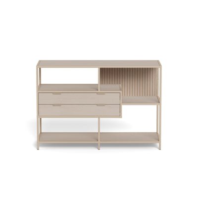 Laag rek Skeleto 114x78 grijze melamine – vooraanzicht van de open planken en de ladekast