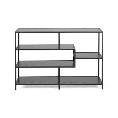 Skeleto-boekenkast 114x78, zwarte melamine, vooraanzicht – planken in de kleur zwart essenhout op een zwart frame