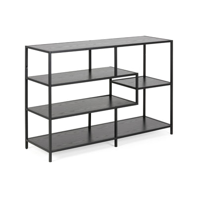 Skeleto-boekenkast 114x78, zwarte melamine, schuin aanzicht – zwarte boekenkast met asymmetrische planken in industriële stijl