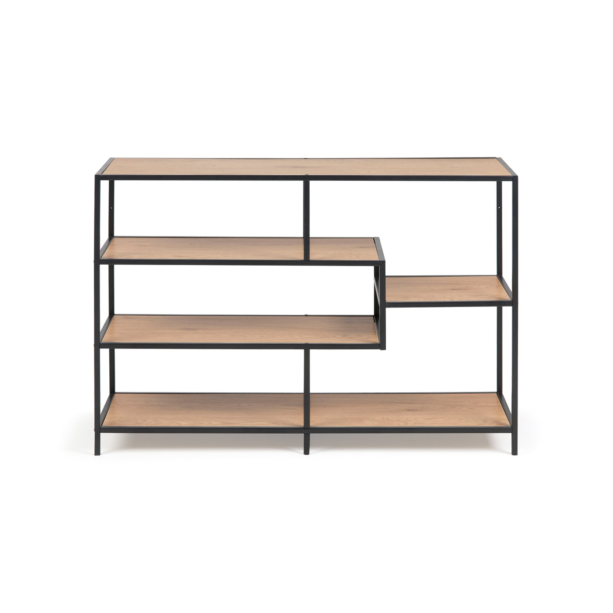 Boekenkast Skeleto 114x78 Wild Eiken, vooraanzicht – asymmetrische indeling van de planken met een smallere plank aan de rechterkant