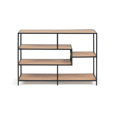 Boekenkast Skeleto 114x78 Wild Eiken, vooraanzicht – asymmetrische indeling van de planken met een smallere plank aan de rechterkant