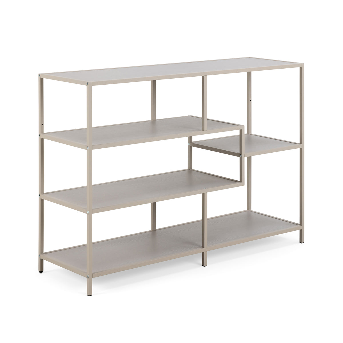 Skeleto-boekenkast 114x78 grijze melamine, schuin aanzicht – lichte open boekenkast op een grijs stalen frame