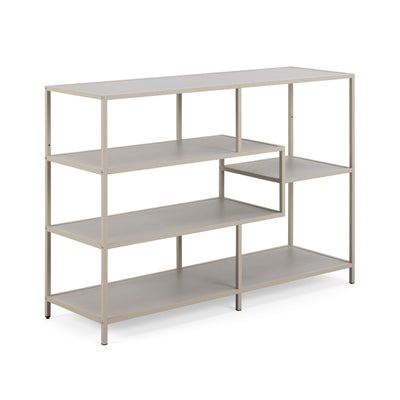 Skeleto-boekenkast 114x78 grijze melamine, schuin aanzicht – lichte open boekenkast op een grijs stalen frame