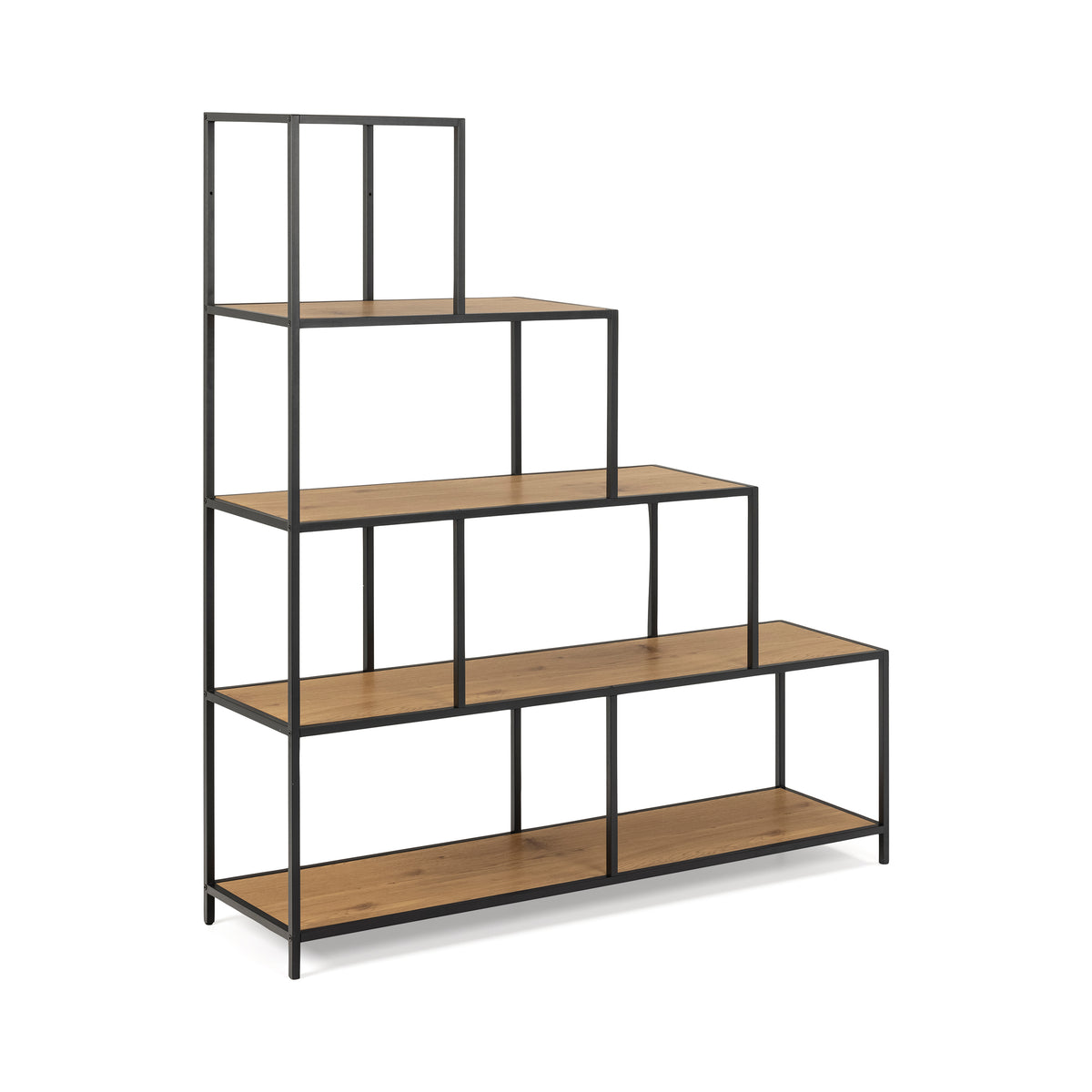 Skeleto-boekenkast 135x150 Wild Eiken, schuin gezien – trapvormige boekenkast met planken in eikenhoutdecor op een zwart frame