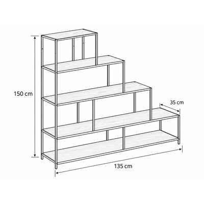 Skeleto-boekenkast 135x150 – maatschets met breedte, hoogte en diepte