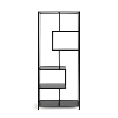 Skeleto-boekenkast 77x185, zwarte melamine, vooraanzicht – planken in de kleur zwart essenhout