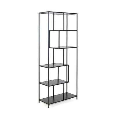 Skeleto-boekenkast 77x185, zwarte melamine, schuin aanzicht – hoge zwarte boekenkast met asymmetrische planken