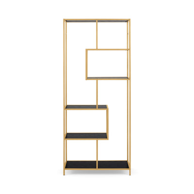 Skeleto-boekenkast 77x185, zwarte melamine (gouden frame), vooraanzicht – gouden stalen frame en verschoven planken