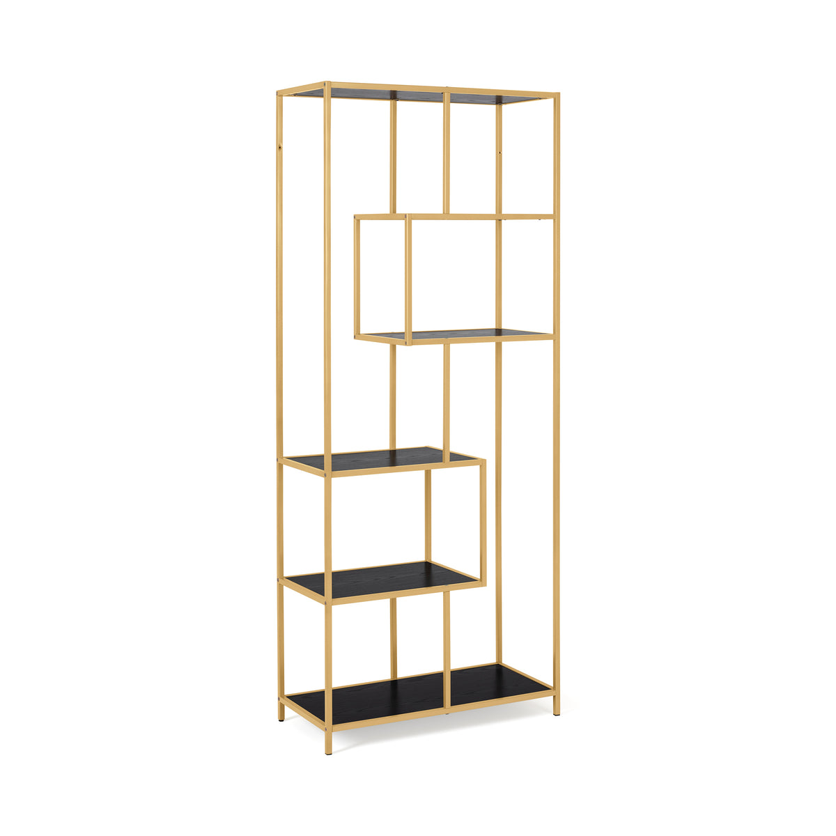 Skeleto-boekenkast 77x185, zwarte melamine (gouden frame), schuin aanzicht – boekenkast met gouden frame en zwarte planken