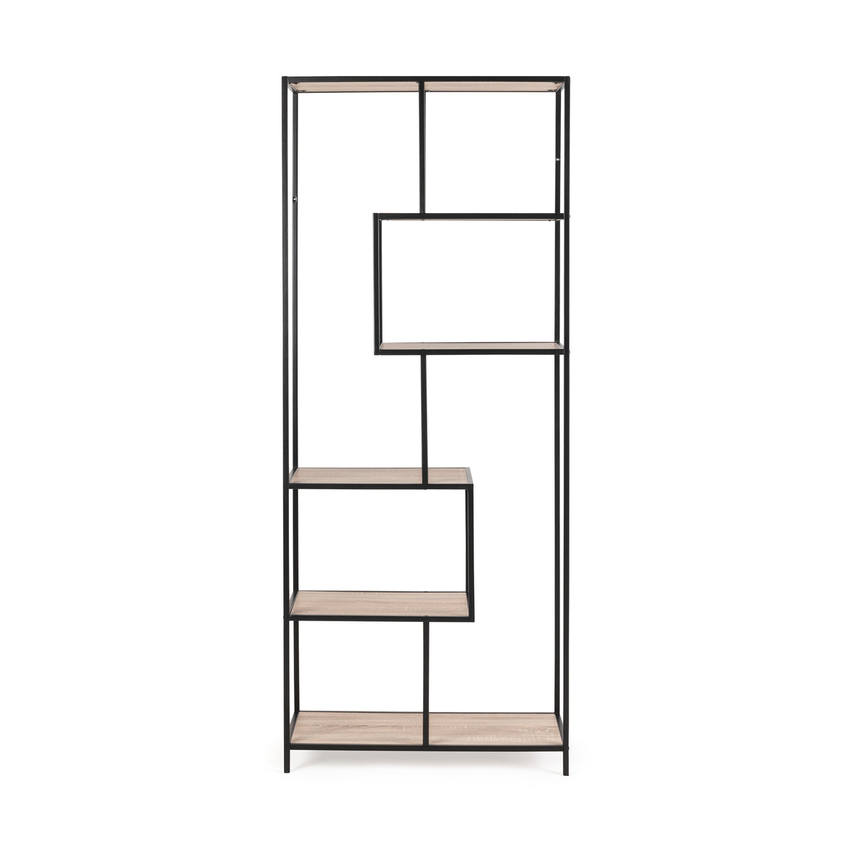 Skeleto-boekenkast 77x185 Sonoma-eik, vooraanzicht – asymmetrische nissen en open vakken in loftstijl