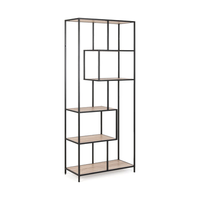 Skeleto-boekenkast 77x185 Sonoma-eik, schuin aanzicht – hoge boekenkast met verspringende planken op een zwart stalen frame