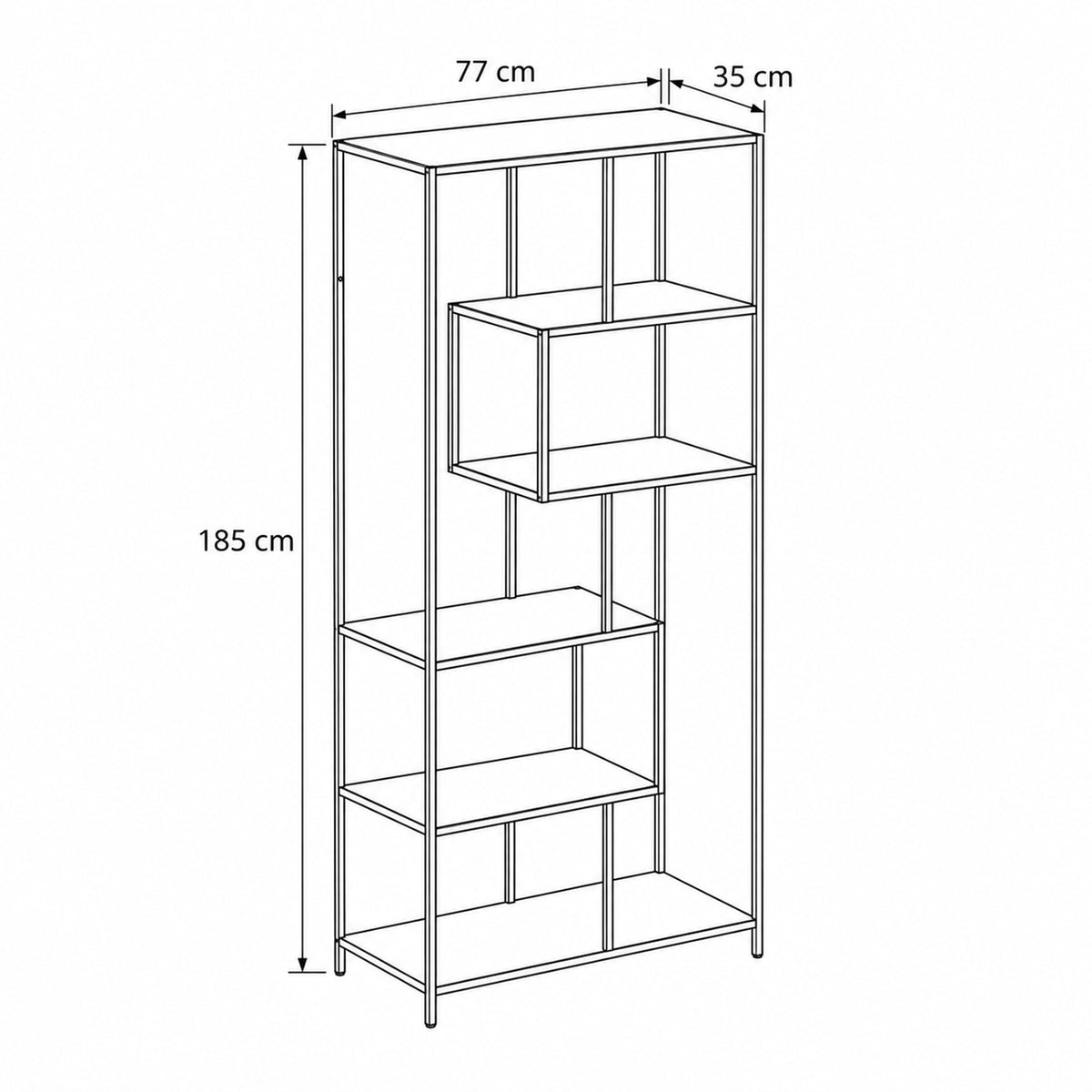 Skeleto-boekenkast 77x185 – maatschets met breedte, hoogte en diepte