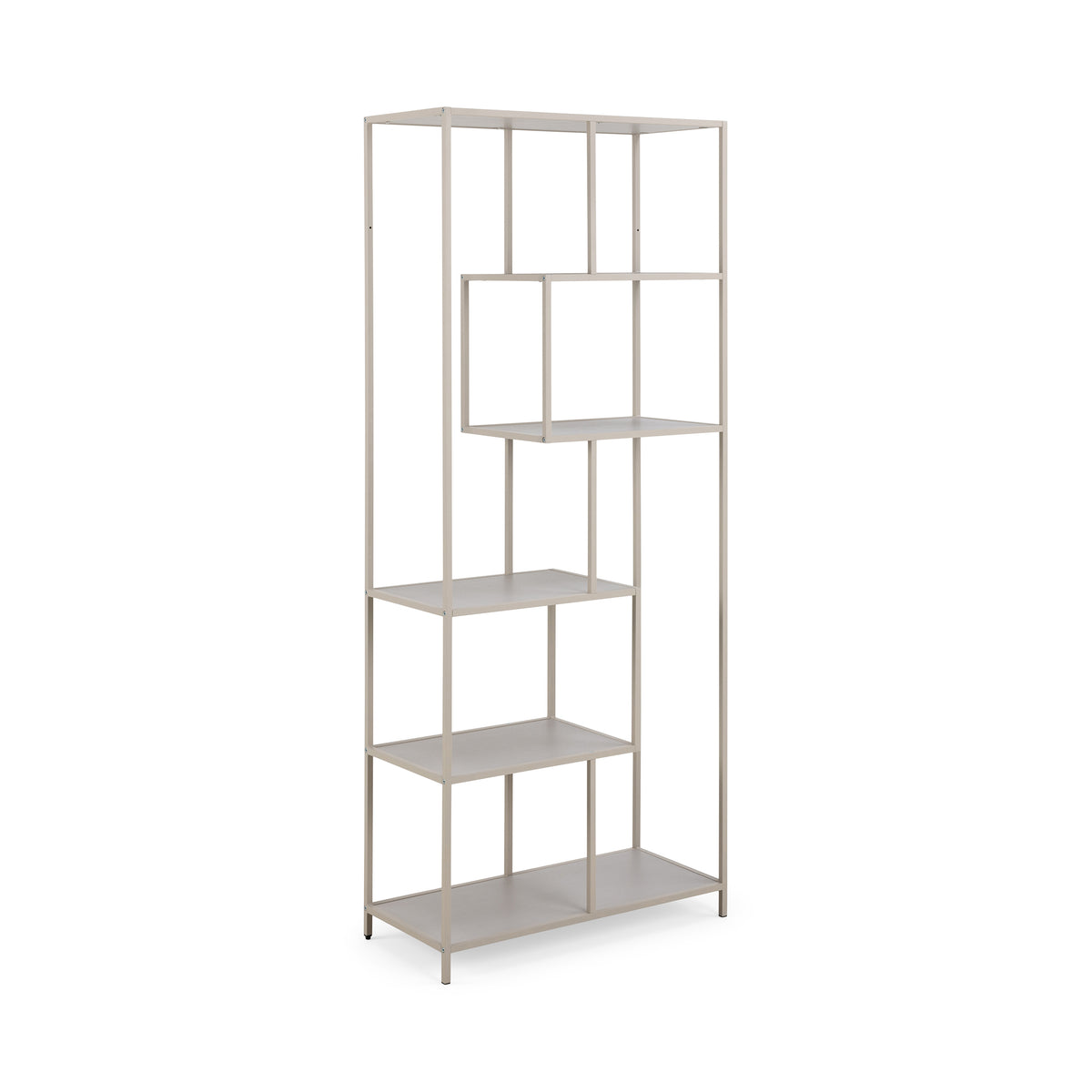 Boekenkast Skeleto 77x185 grijze melamine, schuin aanzicht – lichte boekenkast op een grijs frame