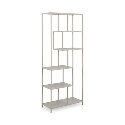 Boekenkast Skeleto 77x185 grijze melamine, schuin aanzicht – lichte boekenkast op een grijs frame