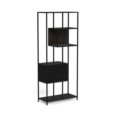 Skeleto-boekenkast 77x185, zwarte melamine – zijaanzicht, nis met latten en twee zwarte lades