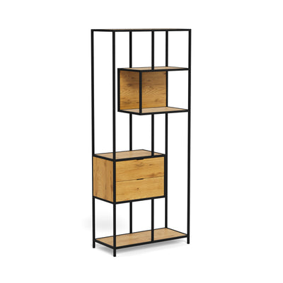 Skeleto-boekenkast 77x185 Wild Eiken – zijaanzicht van het zwarte frame, de nis en twee lades, boekenkast met lades