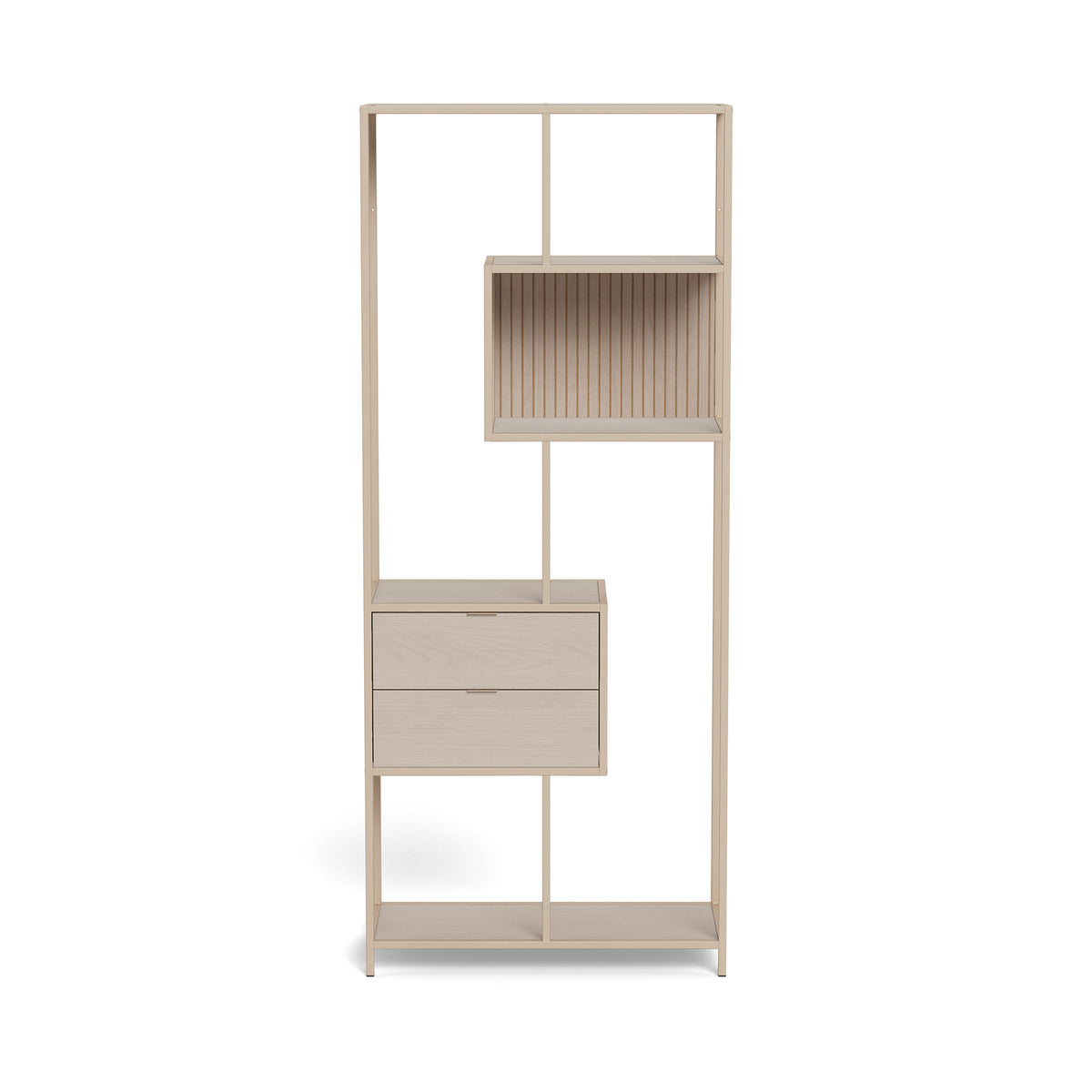 Skeleto-boekenkast 77x185 grijze melamine – vooraanzicht van de open planken en het module met lades
