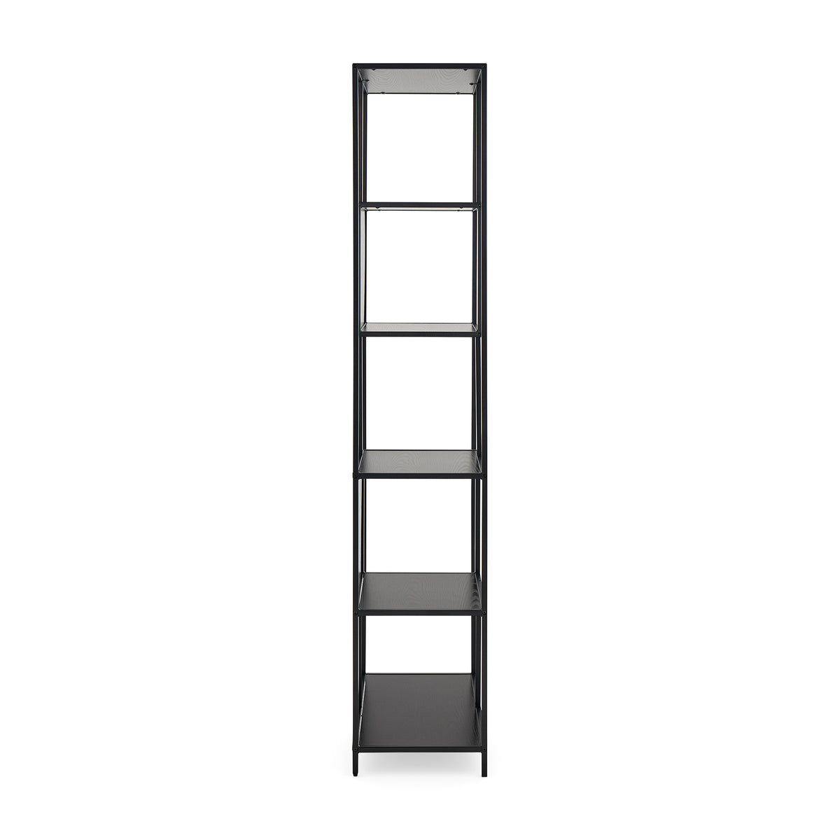 Skeleto-boekenkast 77x185, zwarte melamine – zijaanzicht, slank profiel van 35 cm en stalen poten