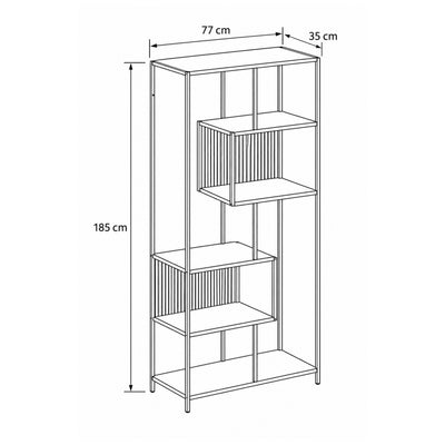 Skeleto-boekenkast 77x185 – maatschets met breedte, hoogte en diepte