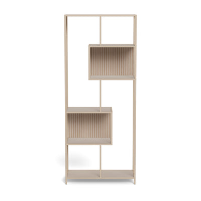 Skeleto-boekenkast 77x185 grijze melamine – vooraanzicht van de open planken en asymmetrische nissen