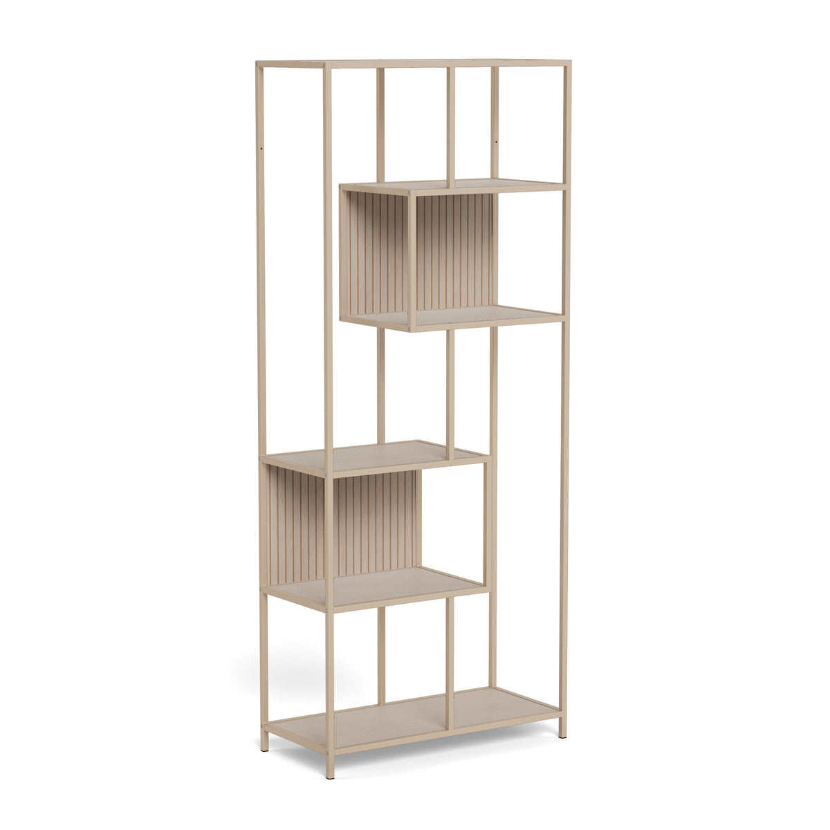 Skeleto-boekenkast 77x185 grijze melamine – zijaanzicht, lichte boekenkast met stalen frame en twee vakken