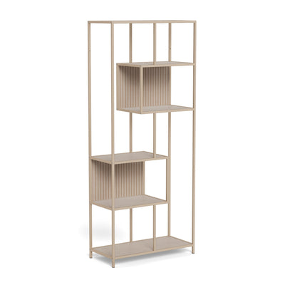 Skeleto-boekenkast 77x185 grijze melamine – zijaanzicht, lichte boekenkast met stalen frame en twee vakken
