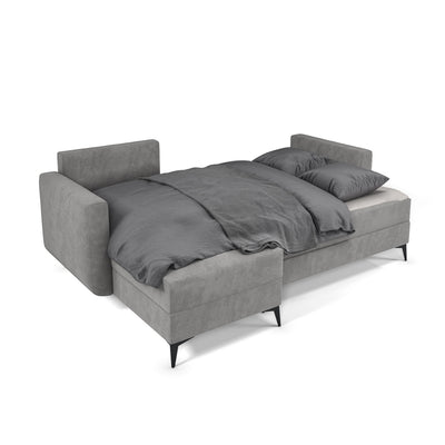 Uitgeklapte Forra-hoekbank Staalgrijs (MANILA 16) – slaapoppervlak 200 × 130 cm met beddengoed, DL-mechanisme