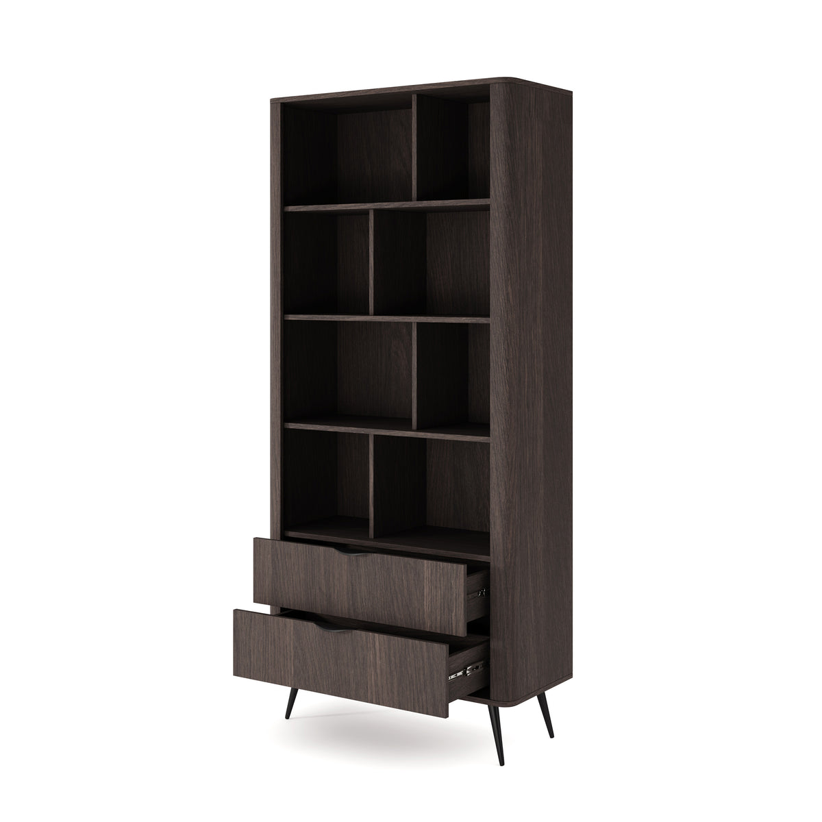 Velia Bookcase 88x194 with Open Shelves and Drawers, Soft Loft Style – with doors open