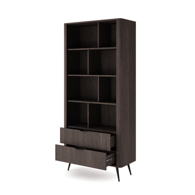 Velia Bookcase 88x194 with Open Shelves and Drawers, Soft Loft Style – with doors open