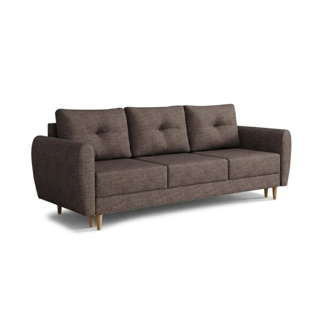 Harmi-bank 235 cm Zandkleurige Taupe (SAWANA 12) – driezitsbank met opbergruimte voor beddengoed op beuken poten